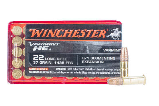 Winchester Varmint 22 long rifle rimfire ammunition features a hollow point bullet